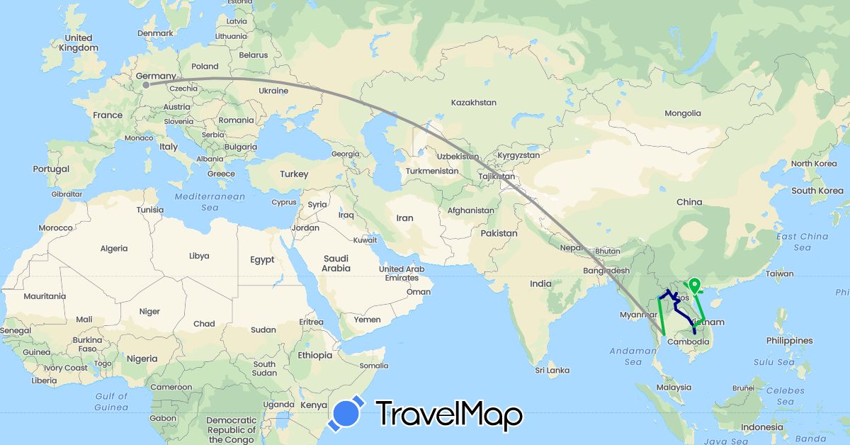 TravelMap itinerary: driving, bus, plane, boat in Germany, Laos, Thailand, Vietnam (Asia, Europe)